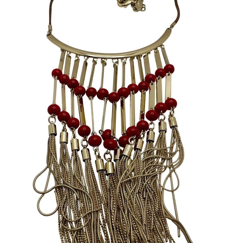 Chico's Necklace Jewelry Bib Statement Red and Gold Tone Fringe Tassel 21" - Picture 7 of 7
